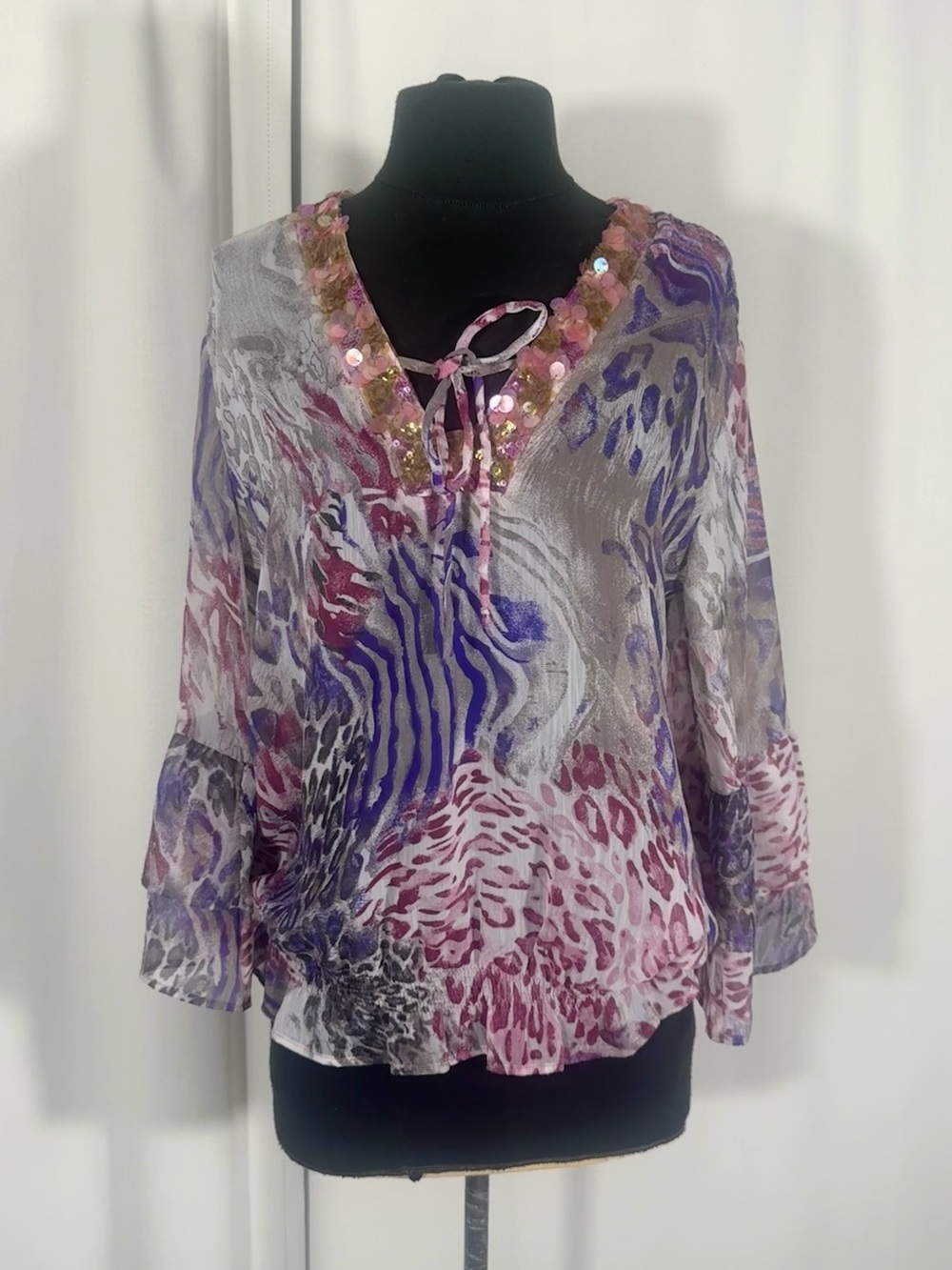 Kay Celine Sequin Embellished Animal Print Blouse